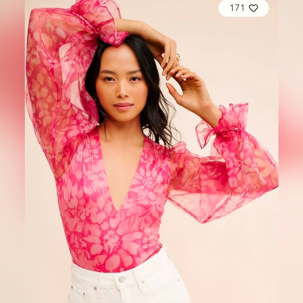 Hutch Pink Floral Sheer-Sleeve V-Neck Bodysuit